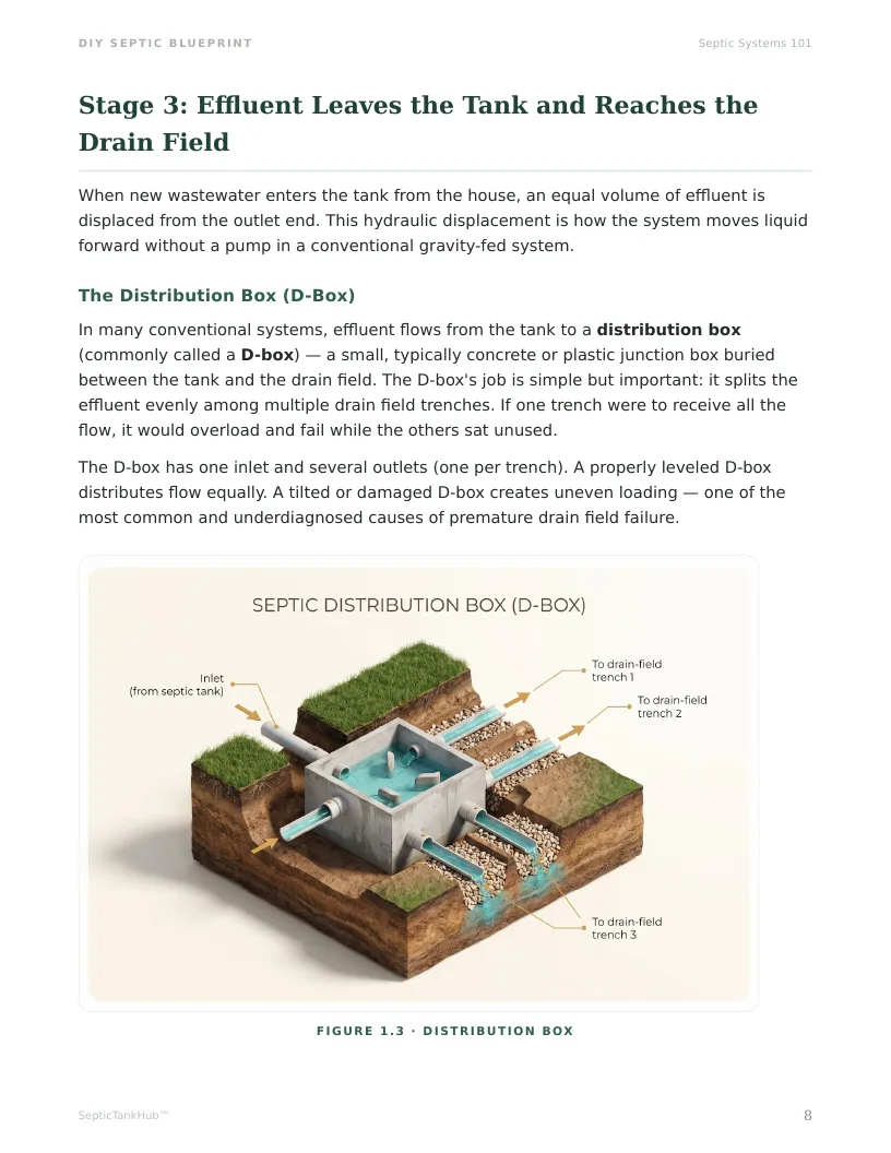 Blueprint page 8 — how effluent leaves the tank and reaches the drain field, with the distribution box diagram