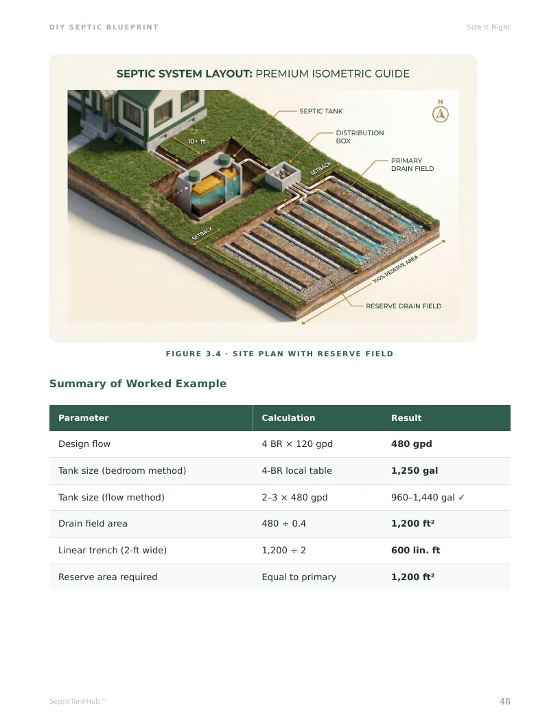 Blueprint page 48 — septic system layout illustration and a worked tank-sizing example table